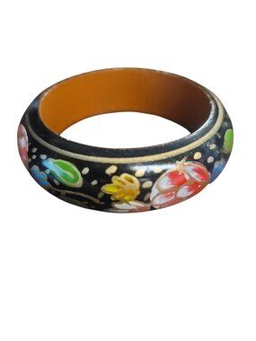 Hand-Painted Floral Wooden Bangle Bracelet Vintage Folk Art Style Multicolor